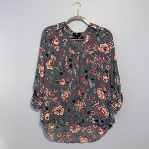 IZ BYER XL Pink Floral Button Down Light Blue Blouse